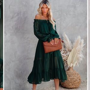 VICI PEACEKEEPER OFF THE SHOULDER MIDI DRESS - HUNTER GREEN NWT MEDIUM